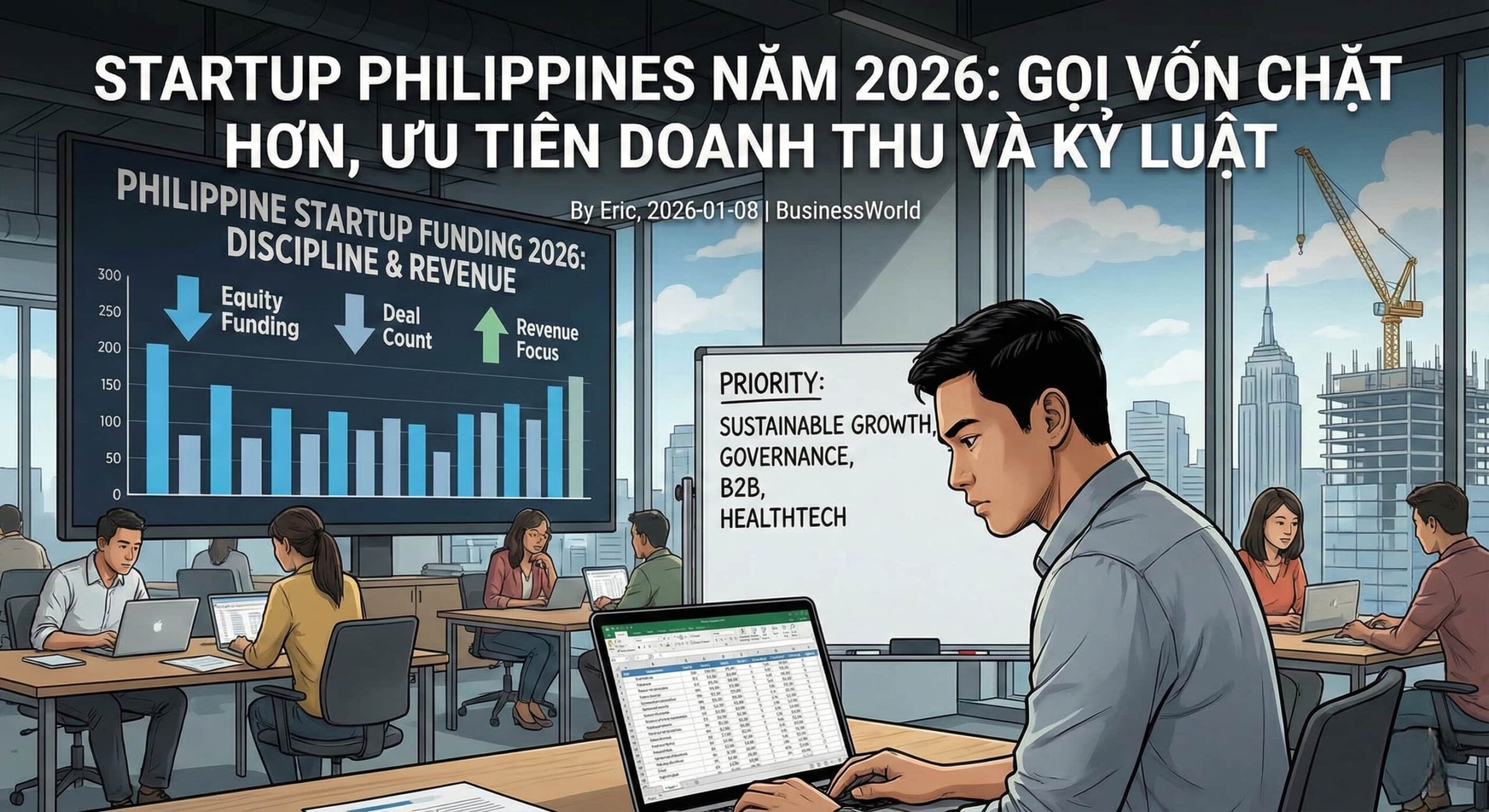 Minh họa: Năm 2026, hệ sinh thái startup Philippines được dự báo gọi vốn “chặt” hơn khi nhà đầu tư ưu tiên kỷ luật tài chính, quản trị và doanh thu bền vững; trọng tâm dịch chuyển sang B2B, healthtech và các mô hình có hiệu quả kinh doanh rõ ràng.