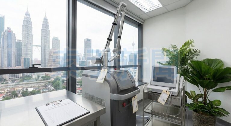 Một phòng điều trị thẩm mỹ với hệ thống laser và thiết bị công nghệ cao, phía xa là đường chân trời Kuala Lumpur cùng Petronas Twin Towers. Malaysia dự kiến đưa một số thiết bị thẩm mỹ như laser, HIFU và máy hút mỡ vào diện quản lý như thiết bị y tế từ tháng 6/2026. Nguồn ảnh: Ảnh minh họa do AI tạo.