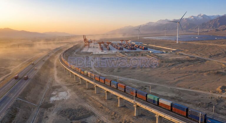 Cơ sở hạ tầng logistics và năng lượng tái tạo tại khu tự trị Tân Cương, Trung Quốc, với tàu hỏa chở container đi qua khu vực cảng khô và trang trại điện gió, thể hiện vai trò của khu vực này như một trung tâm thương mại và vận tải kết nối Trung Quốc với Trung Á và châu Âu. (Ảnh minh họa do AI tạo)