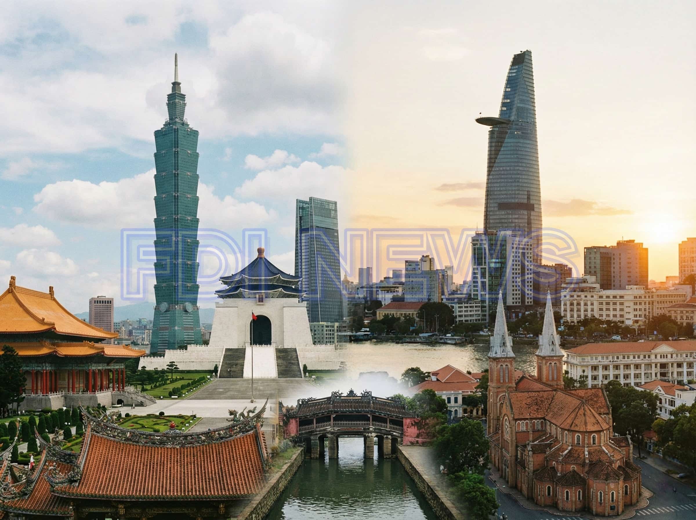 Đài Loan – Việt Nam: Hình minh họa ghép biểu tượng đô thị của Đài Bắc và TP.HCM, gợi bối cảnh các doanh nghiệp Việt theo dõi diễn biến tiêu dùng và mở rộng mạng lưới bán lẻ tại Đài Loan. (Ảnh: minh họa)