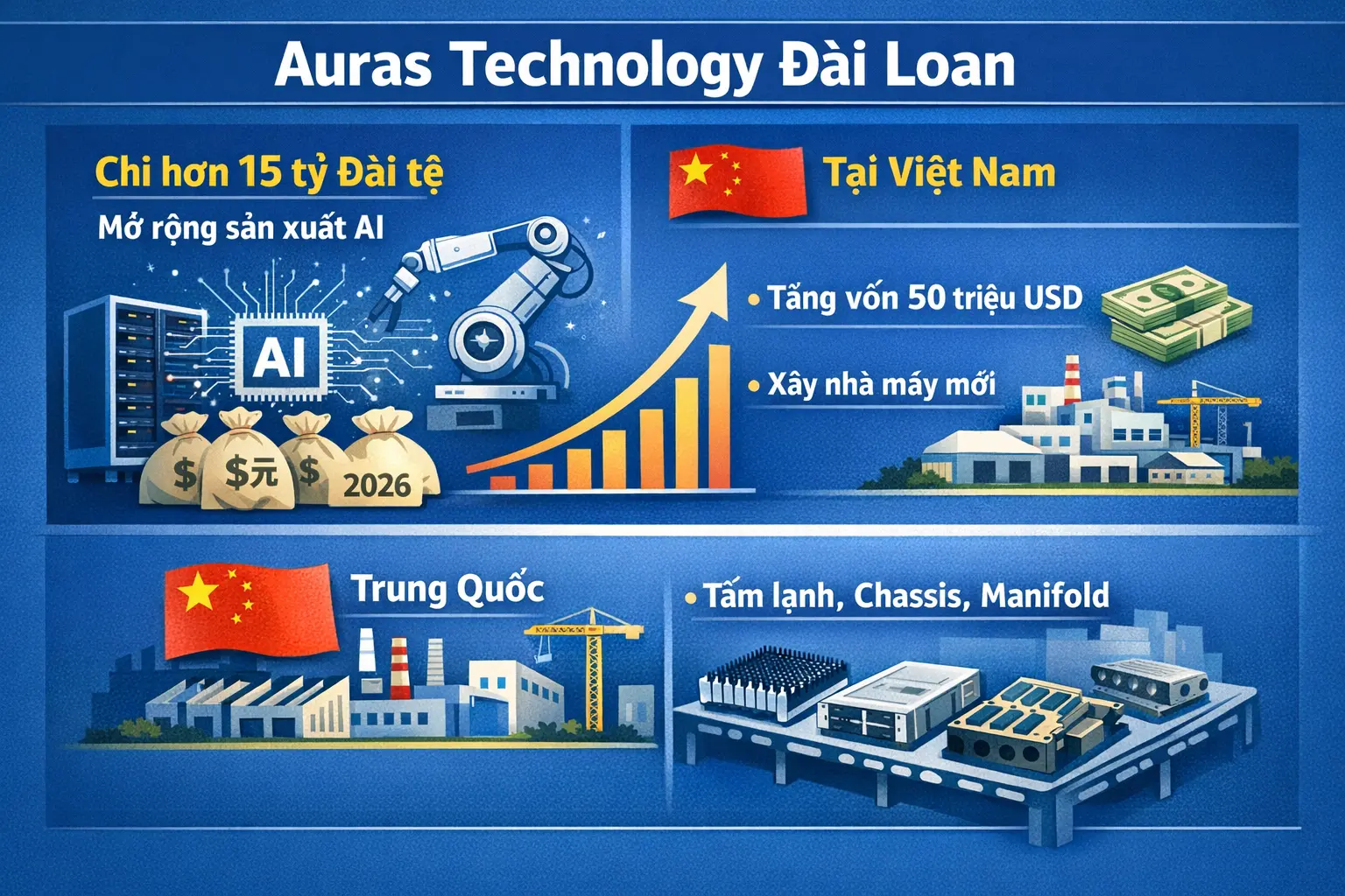 Auras chi hơn 15 tỷ Đài tệ để mở rộng công suất AI, đồng thời tăng vốn và triển khai hạ tầng tại Việt Nam.