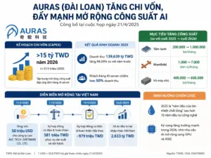 Auras của Đài Loan tăng chi vốn hơn 15 tỷ Đài tệ để mở rộng công suất tản nhiệt AI, đồng thời tăng vốn và triển khai hạ tầng tại Việt Nam.