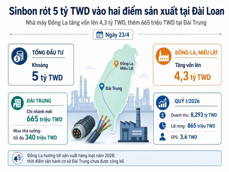 Nhà sản xuất Đài Loan Sinbon rót 5 tỷ TWD vào hai điểm sản xuất