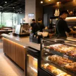 Quầy cà phê hiện đại tại Indonesia với khu trưng bày bánh ngọt, phản ánh kế hoạch Fore Coffee mở rộng chuỗi cửa hàng và thương hiệu Fore Donut.