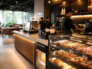 Quầy cà phê hiện đại tại Indonesia với khu trưng bày bánh ngọt, phản ánh kế hoạch Fore Coffee mở rộng chuỗi cửa hàng và thương hiệu Fore Donut.
