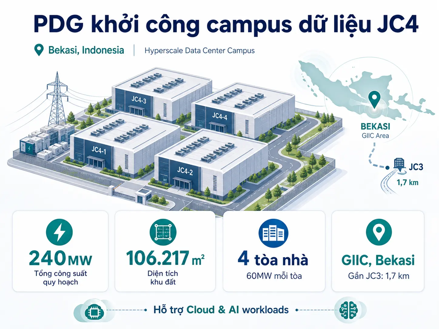 PDG khởi công campus dữ liệu JC4 tại Bekasi, với quy mô 240MW phục vụ nhu cầu Cloud và AI.