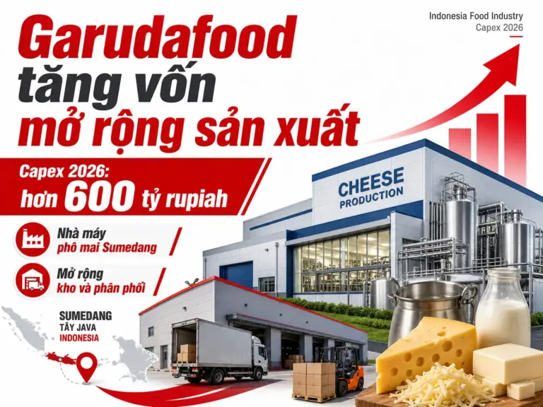 Garudafood tăng vốn đầu tư năm 2026, tập trung mở rộng sản xuất phô mai tại Sumedang và mạng kho phân phối ở Indonesia.
