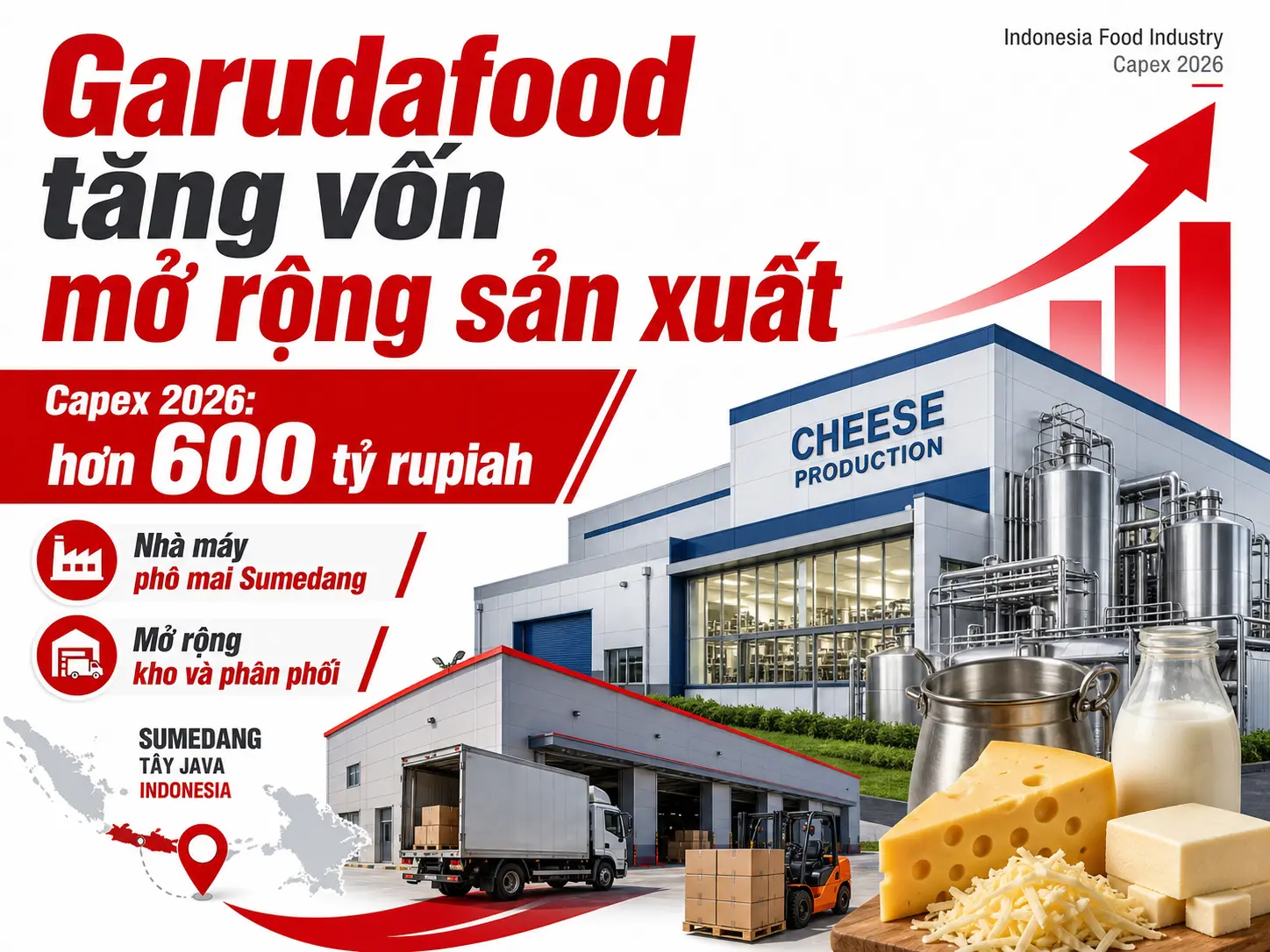 Garudafood tăng vốn đầu tư năm 2026, tập trung mở rộng sản xuất phô mai tại Sumedang và mạng kho phân phối ở Indonesia.