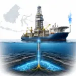 Minh họa hoạt động khoan khí ngoài khơi Indonesia, với lớp cắt dưới đáy biển thể hiện phát hiện Geliga-1 và tiềm năng phát triển cụm khí mới tại bể Kutei.