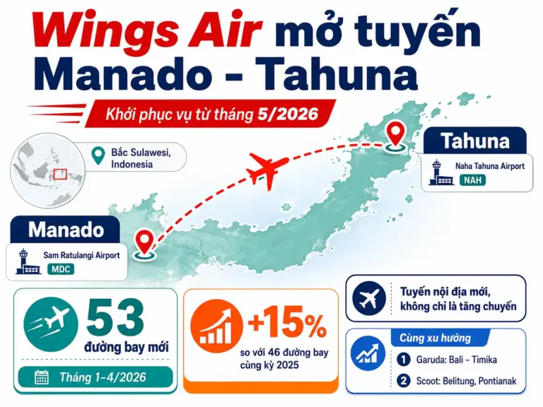 Wings Air mở tuyến Manado - Tahuna từ tháng 5/2026, bổ sung kết nối nội địa mới tại Bắc Sulawesi trong nhóm 53 đường bay được Indonesia ghi nhận đầu năm 2026.