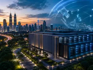 Trung tâm dữ liệu AI tại Kuala Lumpur được thể hiện bằng hình ảnh minh họa, gắn với hạ tầng số và mạng kết nối khu vực Đông Nam Á.
