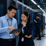 Nhân sự kỹ thuật kiểm tra hạ tầng máy chủ tại trung tâm dữ liệu ở Malaysia.