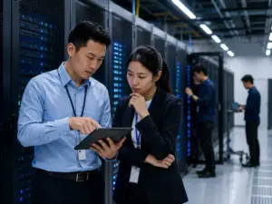 Nhân sự kỹ thuật kiểm tra hạ tầng máy chủ tại trung tâm dữ liệu ở Malaysia.