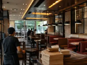 Nhân viên hoàn tất khâu chuẩn bị tại một cửa hàng ăn uống mới, phản ánh nhịp mở rộng điểm bán của Shakey’s tại Philippines.