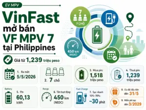 VinFast mở bán VF MPV 7 tại Philippines với giá từ 1,239 triệu peso, nhấn vào gói thuê pin, phạm vi 450 km và ưu đãi sạc đến tháng 3/2029.