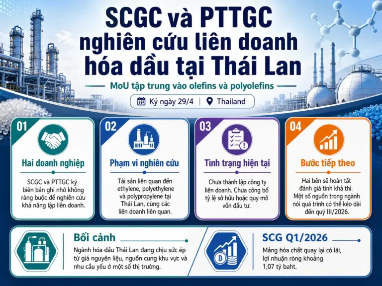 SCGC và PTTGC ký MoU nghiên cứu khả năng lập liên doanh hóa dầu tại Thái Lan, tập trung vào olefins và polyolefins.