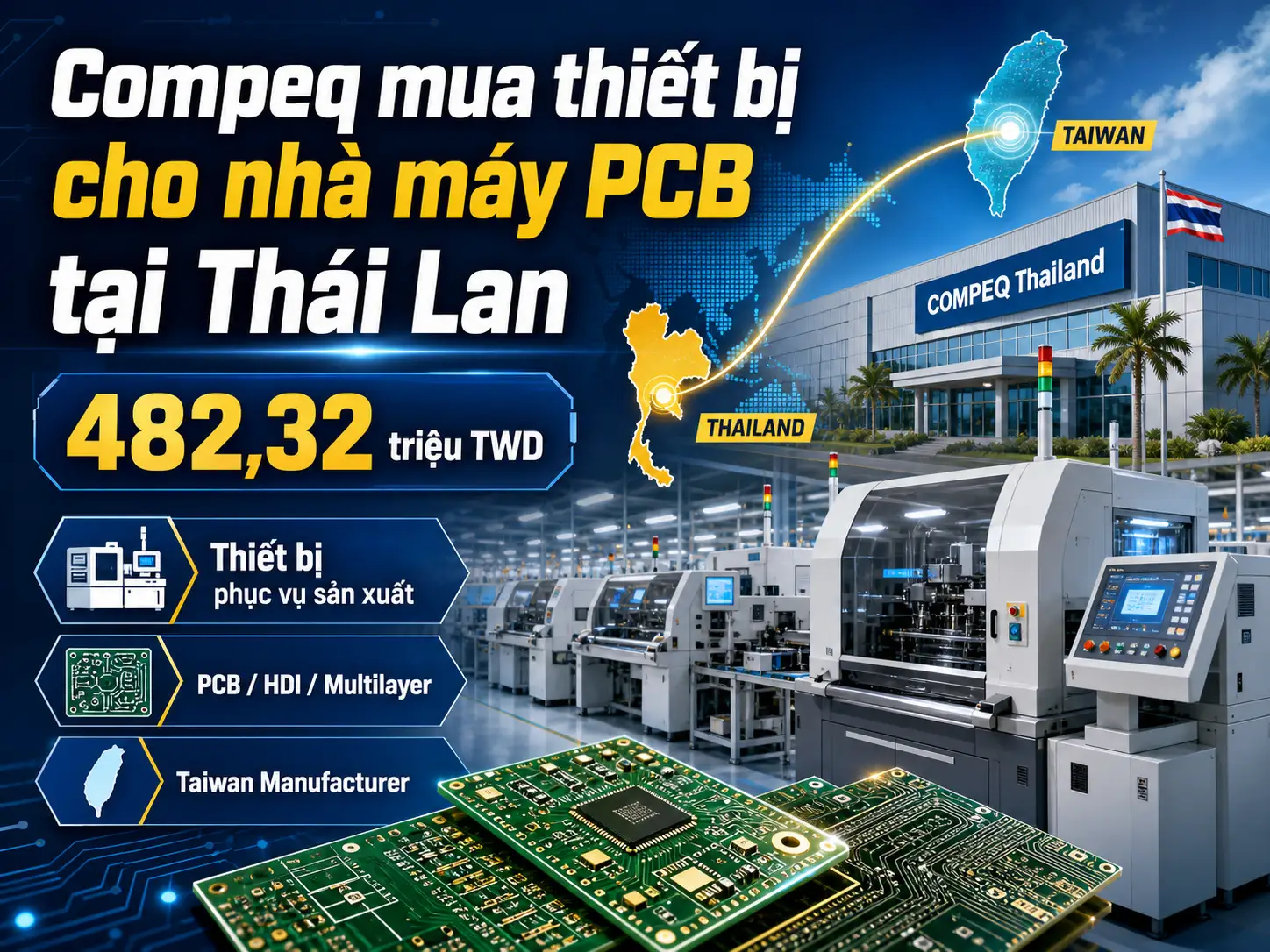 Compeq mua thiết bị 482,32 triệu TWD cho nhà máy PCB tại Thái Lan.