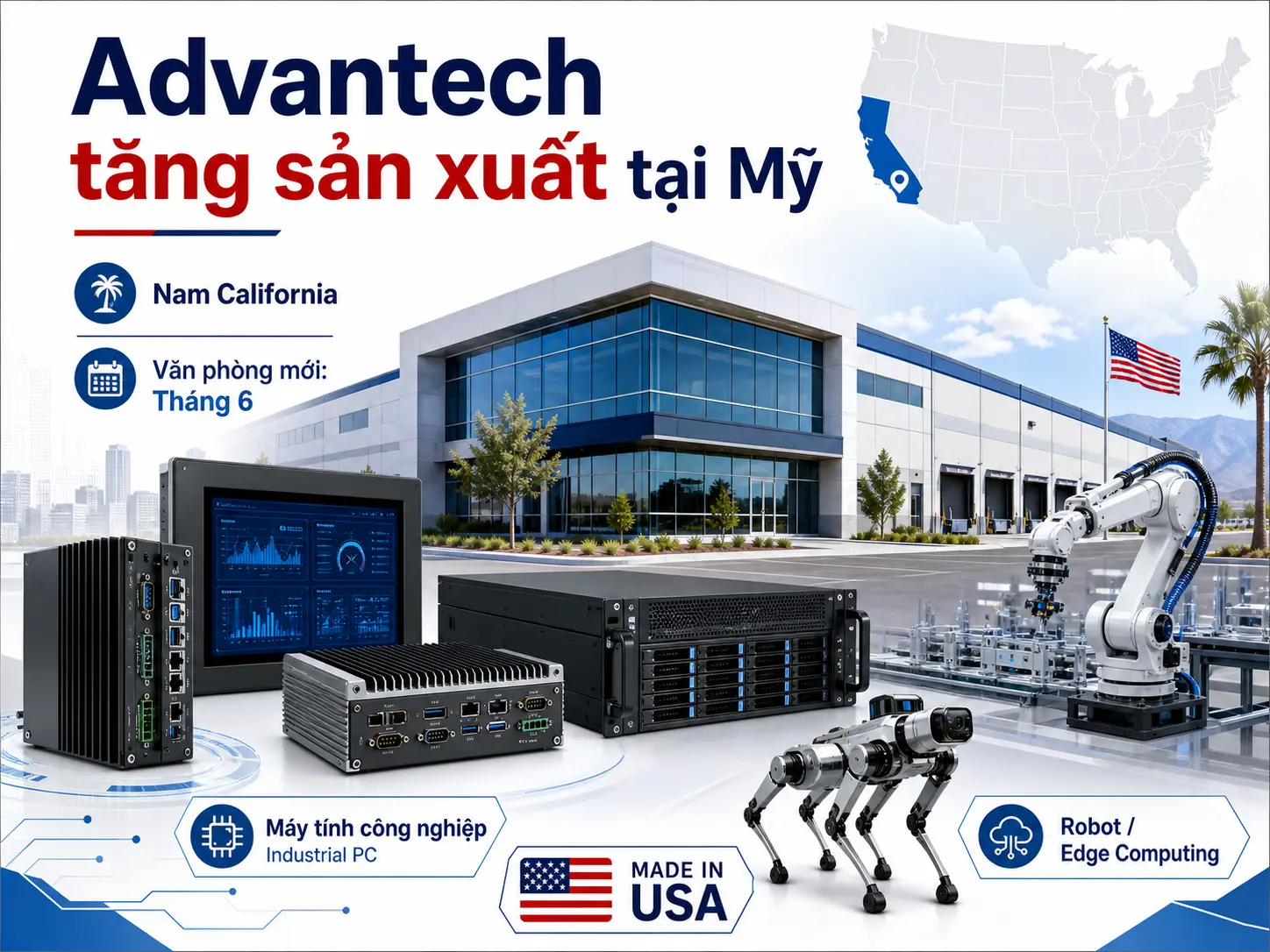 Ảnh minh họa: Advantech mở rộng sản xuất máy tính công nghiệp tại Mỹ, với cơ sở mới ở Nam California và mảng robot công nghiệp.