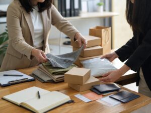Doanh nghiệp nhỏ chuẩn bị hàng mẫu và hồ sơ tiếp cận thị trường mới. Ảnh minh họa tin tức.