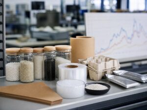 Kệ vật liệu sản xuất và biểu đồ giá mờ trong văn phòng nhà máy. Ảnh minh họa tin tức.