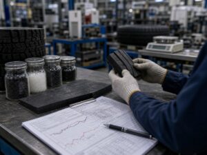 Mẫu cao su, hạt phụ gia và bảng kiểm kho đặt trên bàn nhà máy lốp. Ảnh minh họa tin tức.