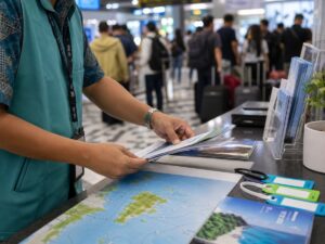 Nhân viên dịch vụ sân bay chuẩn bị quầy hỗ trợ du khách tại điểm đến đảo. Ảnh minh họa tin tức.