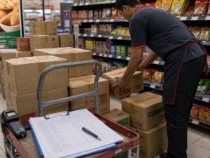 Nhân viên kho chuẩn bị thùng thực phẩm đóng gói cho xe giao hàng bán lẻ. Ảnh minh họa tin tức.