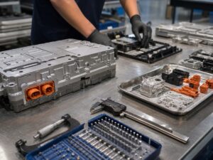 Linh kiện xe điện và khay kiểm định trong xưởng nhà cung cấp nhỏ. Ảnh minh họa tin tức.