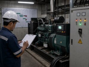Tủ điện nhà máy và máy phát dự phòng đặt cạnh sổ kiểm tra vận hành. Ảnh minh họa tin tức.
