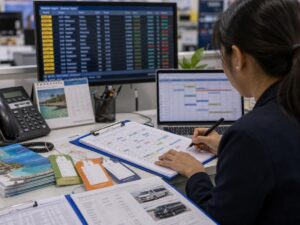 Quầy điều phối du lịch với lịch chuyến bay, thẻ hành lý và phiếu đặt xe. Ảnh minh họa tin tức.