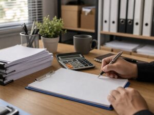 Hồ sơ vay và máy tính trơn gợi lại chi phí vốn của doanh nghiệp nhỏ. Ảnh minh họa tin tức.