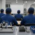 Khu đào tạo công nghiệp với người lao động quay lưng và thiết bị không logo. Ảnh minh họa tin tức.
