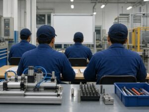 Khu đào tạo công nghiệp với người lao động quay lưng và thiết bị không logo. Ảnh minh họa tin tức.