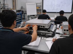 Bàn đào tạo kỹ thuật xe điện gợi lại chi phí chuẩn bị nhân lực trước dây chuyền. Ảnh minh họa tin tức.