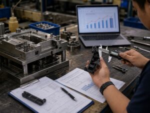 Khuôn linh kiện ô tô đặt cạnh bản vẽ kỹ thuật và linh kiện mẫu. Ảnh minh họa tin tức.