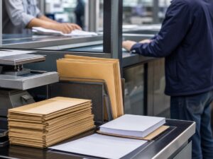 Quầy hồ sơ kỹ thuật với tài liệu trống và thiết bị công nghiệp không logo. Ảnh minh họa tin tức.