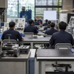 Khu đào tạo kỹ thuật với thiết bị công nghiệp và người học từ phía sau. Ảnh minh họa tin tức.