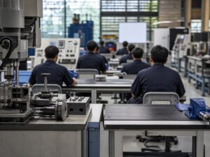 Khu đào tạo kỹ thuật với thiết bị công nghiệp và người học từ phía sau. Ảnh minh họa tin tức.