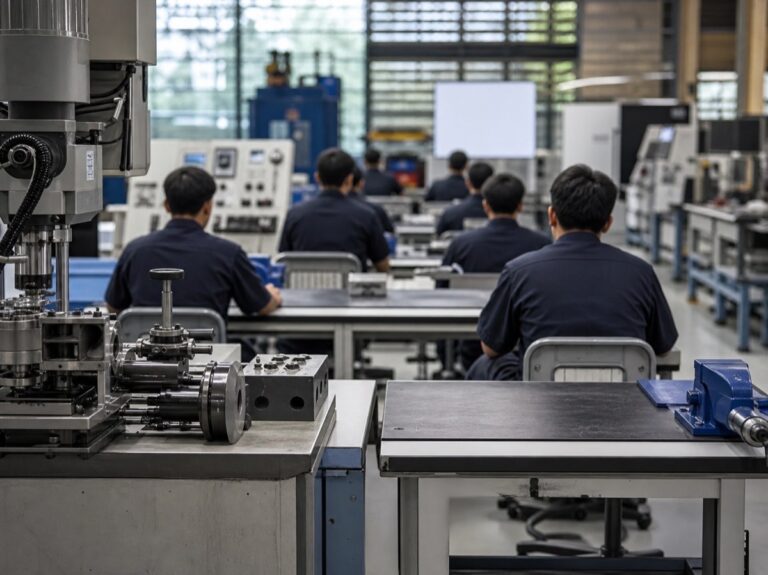 Khu đào tạo kỹ thuật với thiết bị công nghiệp và người học từ phía sau. Ảnh minh họa tin tức.