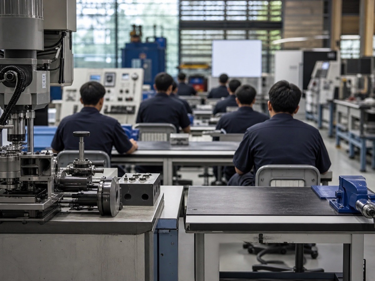 Khu đào tạo kỹ thuật với thiết bị công nghiệp và người học từ phía sau. Ảnh minh họa tin tức.