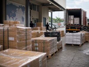 Khu gom hàng logistics gợi nhắc áp lực cân bằng xuất nhập khẩu của Malaysia. Ảnh minh họa tin tức.