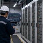 Tủ pin lưu trữ đặt cạnh sơ đồ lưới điện và đồng hồ đo công suất. Ảnh minh họa tin tức.