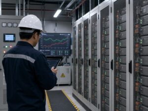 Tủ pin lưu trữ đặt cạnh sơ đồ lưới điện và đồng hồ đo công suất. Ảnh minh họa tin tức.