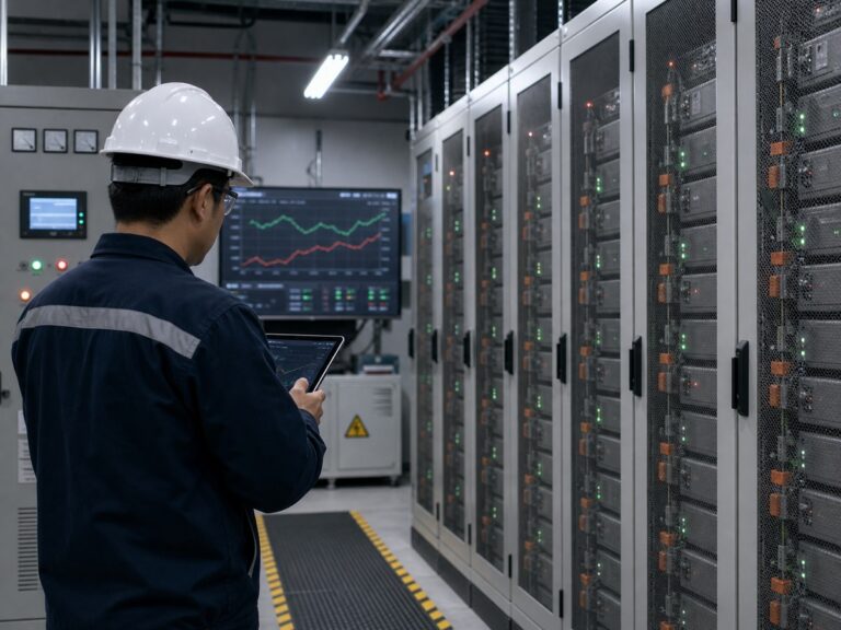 Tủ pin lưu trữ đặt cạnh sơ đồ lưới điện và đồng hồ đo công suất. Ảnh minh họa tin tức.