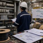 Tủ điện công nghiệp dầu khí đặt cạnh danh sách vật tư và thùng cáp. Ảnh minh họa tin tức.