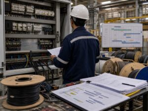 Tủ điện công nghiệp dầu khí đặt cạnh danh sách vật tư và thùng cáp. Ảnh minh họa tin tức.