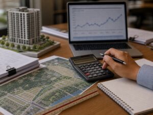 Hồ sơ trái phiếu đặt cạnh bản đồ đất dự án và thước đo công trường. Ảnh minh họa tin tức.