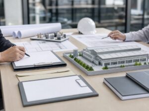 Bàn giao dịch đầu tư với mô hình nhà máy nhỏ và hồ sơ trống. Ảnh minh họa tin tức.