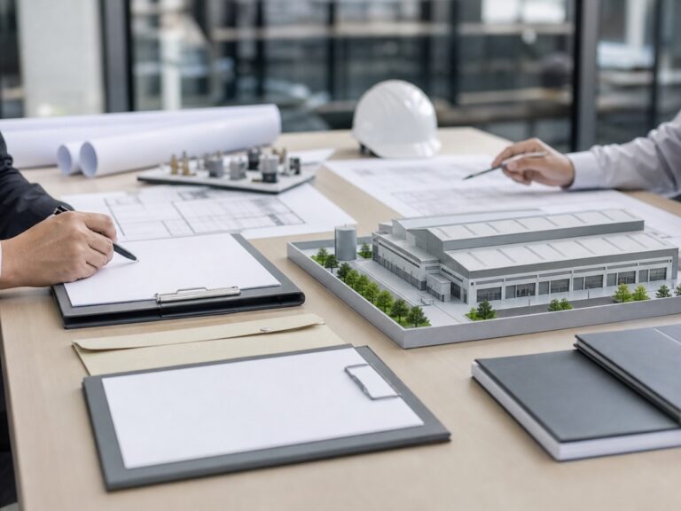 Bàn giao dịch đầu tư với mô hình nhà máy nhỏ và hồ sơ trống. Ảnh minh họa tin tức.