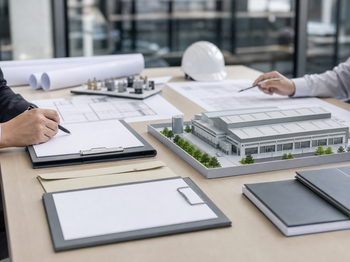 Bàn giao dịch đầu tư với mô hình nhà máy nhỏ và hồ sơ trống. Ảnh minh họa tin tức.